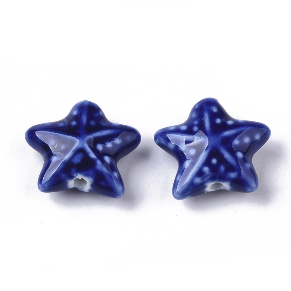 [PORC-N004-27D] Perle en porcelaine émaillée, artisanal, étoile de mer bleu, 20x21x8mm, trou 2mm, l'unité