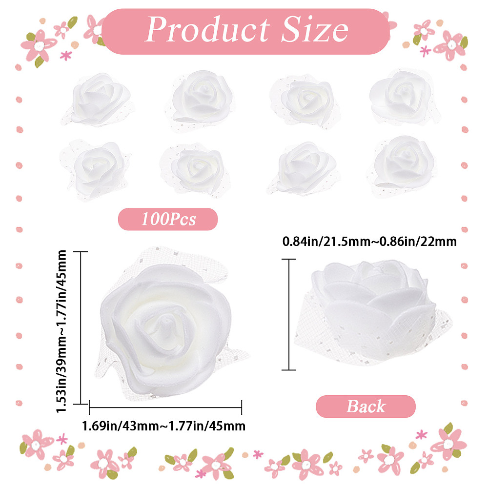 [DIY-WH0304-623I] Fleur artificielle en mousse, avec organza, BLANC, 45x40x22mm, à l'unité