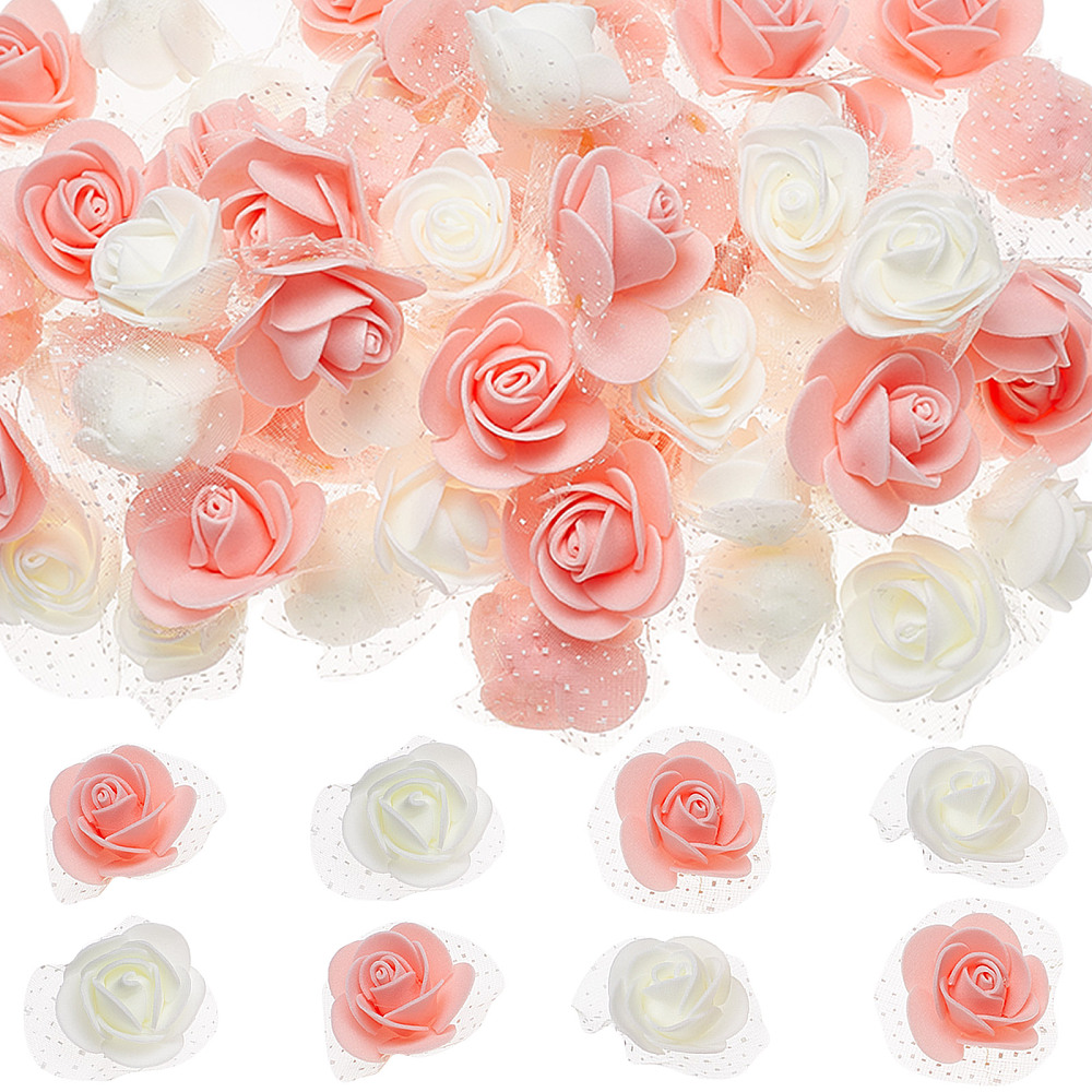 Fleur artificielle en mousse, avec organza, CRÈME ou ROSE, 45x40x22mm, à l'unité