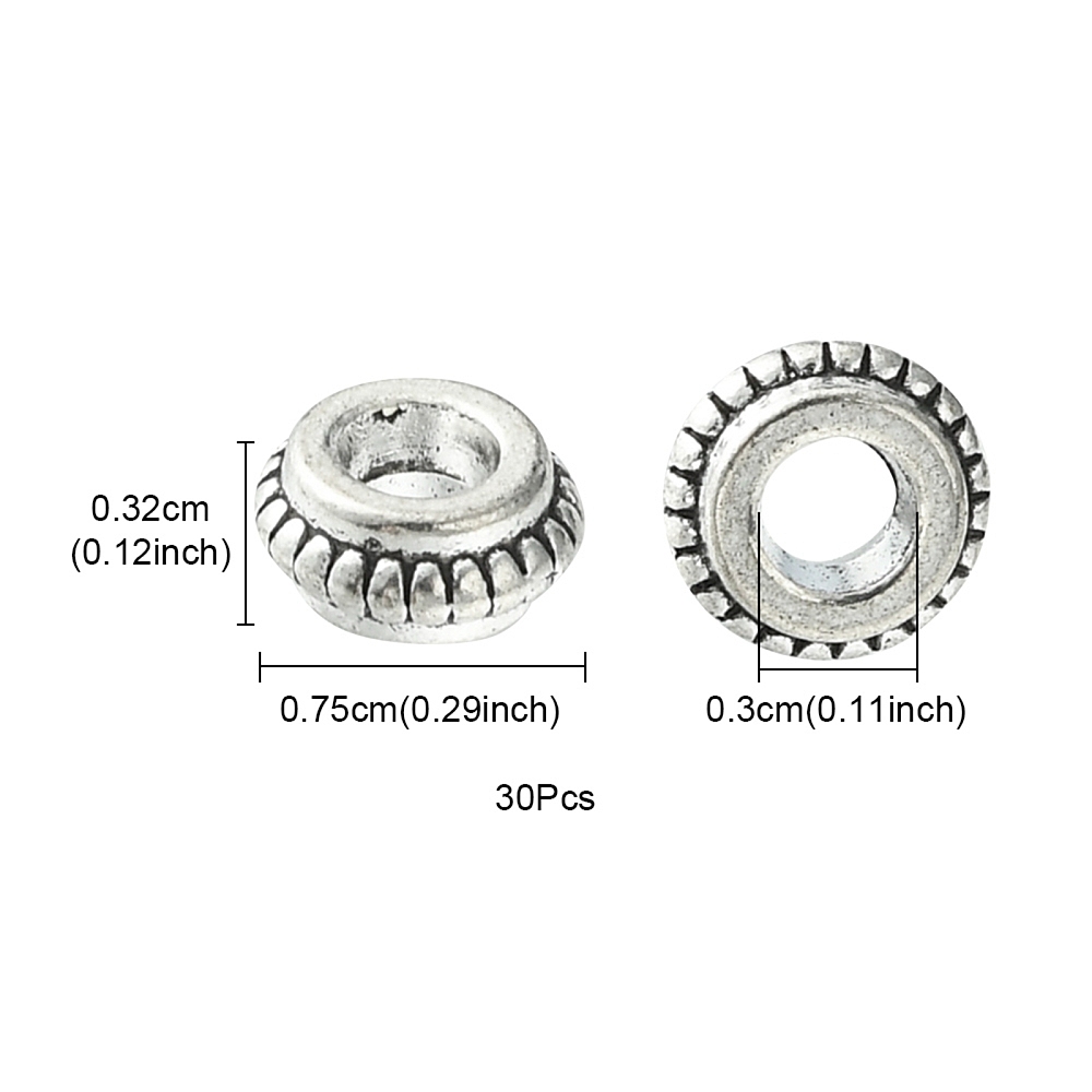 Perle séparateur en alliage argenté, style tibétain, rondelle, 7,5x3mm, trou 3mm, l'unité