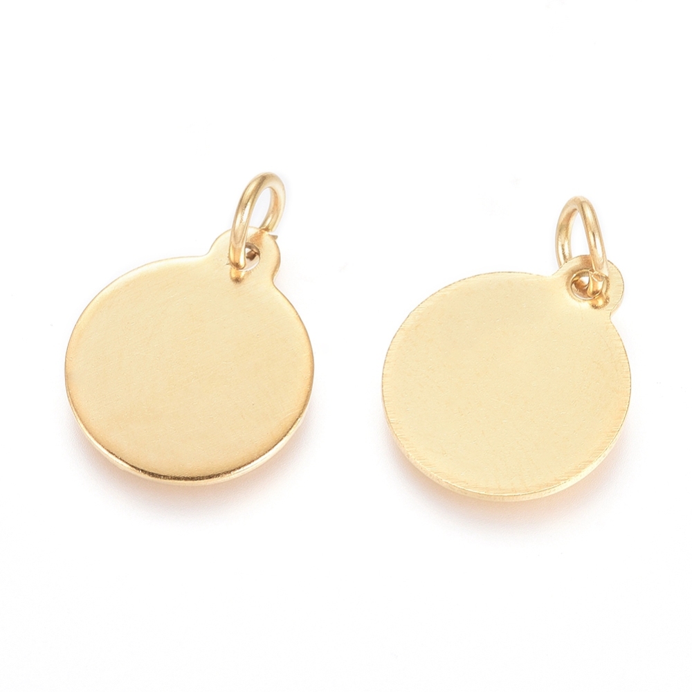 Pendentif INOX doré, placage ionique, rond, 14x12x0,8mm, anneau 5mm, trou 3,5mm, l'unité