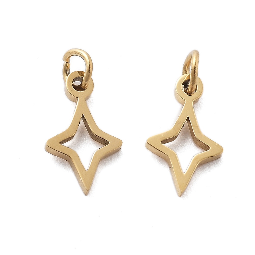Pendentif INOX doré, placage ionique, étoile, plaqué or 14k, 8,5x5x1mm, trou 1,6mm, l'unité