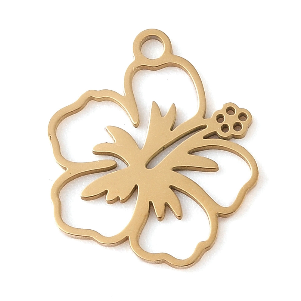 Pendentif INOX doré, placage ionique, hibiscus, 17x15x1mm, trou 1,6mm, l'unité