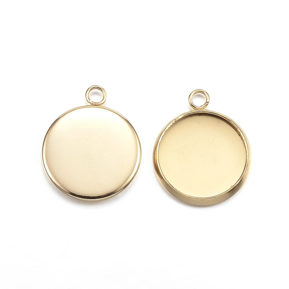 Pendentif INOX doré, placage ionique, rond, support cabochon, plateau 12mm, 16,5x13,5x2mm, trou 1,8mm, l'unité