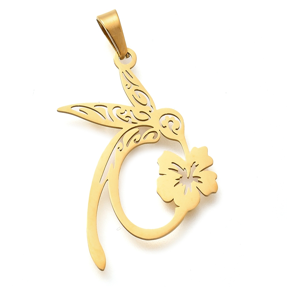 Pendentif INOX doré, placage ionique, plaqué or 18k, oiseau avec fleur hibiscus, 33x22x1mm, bélière 6x3mm, l'unité