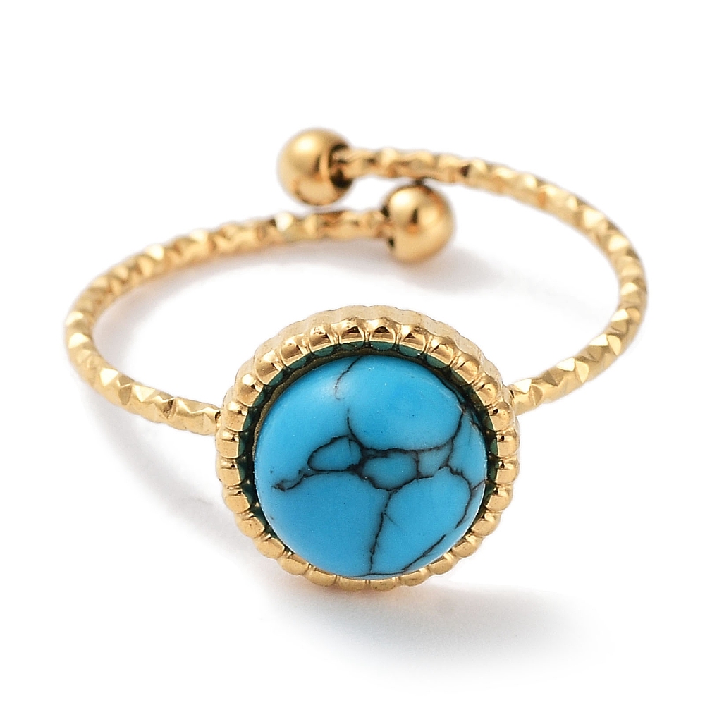 [RJEW-B059-02G-01] Bague ronde en INOX doré, placage ionique, plaqué or 18k, turquoise synthétique, 19mm, réglable