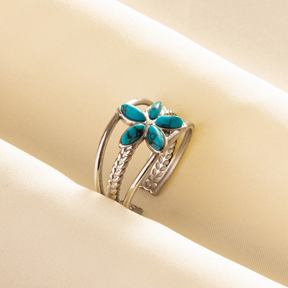 Bague étoile/fleur en INOX, turquoise synthétique, 19mm, réglable