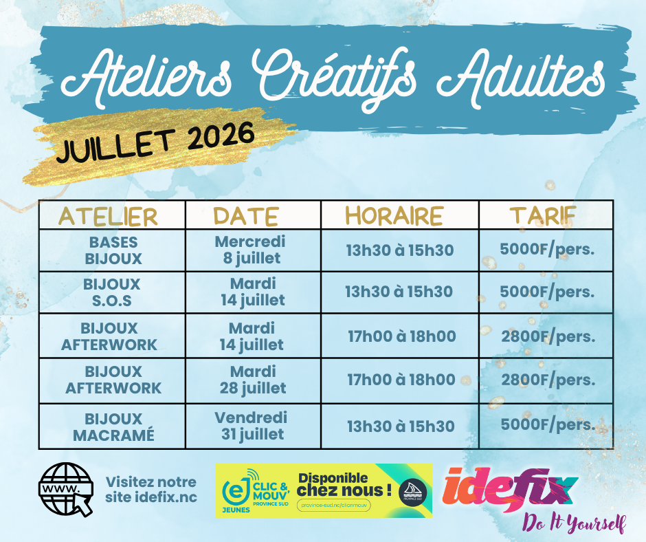 Ateliers adultes BIJOUX S.O.S. - le mardi 14 juillet 2026 - de 13h30 à 15h30