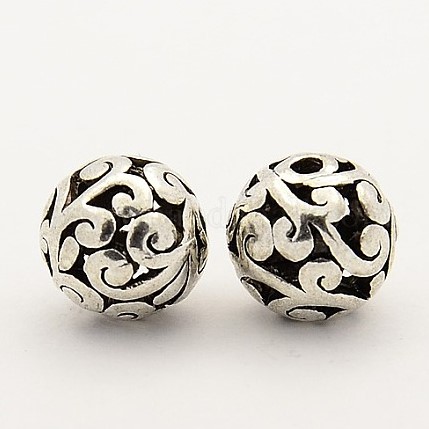 Perle en laiton argenté, dentelle creuse, ronde, diam 10mm, trou 2mm, l'unité