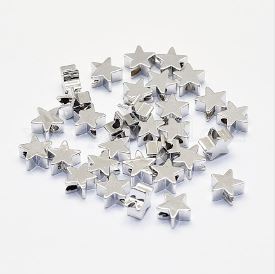 Perle en laiton plaqué platine, étoiles, 6x6x3mm, trou 2mm