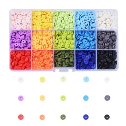 [X0011  CLAY-X0011-02B] Kit perles Heishi polymère, 6x1mm, trou 2mm, 15 couleurs env. 3000 pièces
