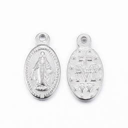 [G179 STAS-G179-22P] Pendentif INOX argenté, Vierge Marie, ovale, 12.5x6.5x1.5mm, trou 2mm