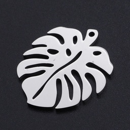 [PEND75 STAS-N090-JN823-1] Pendentif INOX argenté, feuille de monstera, 24x21x1mm, trou 1mm