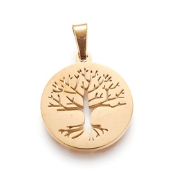 [PEND89] Pendentif, INOX doré, plat rond arbre de vie, ~20x16x1.5mm, trou 5x2.5mm