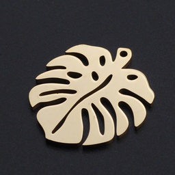 [5984 STAS-N090-JN823-2] Pendentif, feuille de monstera, INOX, doré, 24x21x1mm, trou 1mm