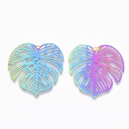 [STAS-R102-21] Pendentif INOX multicolore, placage ionique, feuille de monstera, 32x32x0.3mm, trou 1.2mm