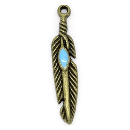 [440p] Pendentif, plume émaillée bleu, alliage, couleur bronze, 27x5mm, trou 2mm