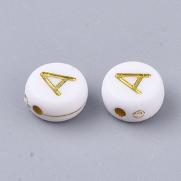 [X-PACR-R242-01A] Lettre Perle en métal, A, blanc et doré, rond et plat, 7x3,5mm