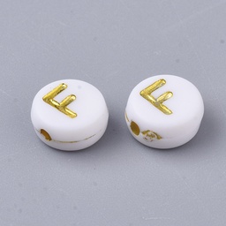 [X-PACR-R242-01F] Lettre Perle en plastique, F, blanc et doré, rond et plat, 7x3,5mm