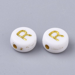 [X-PACR-R242-01R] Lettre Perle en métal, R, blanc et doré, rond et plat, 7x3,5mm