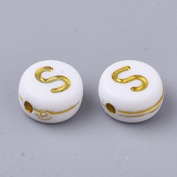 [X-PACR-R242-01S] Lettre Perle en plastique, S, blanc et doré, rond et plat, 7x3,5mm