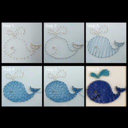 [DIY-F070-03] Kit de string art, planche 15x15cm pré-percée motif baleine, marteau, fils, clous, ciseaux, attaches de cadre