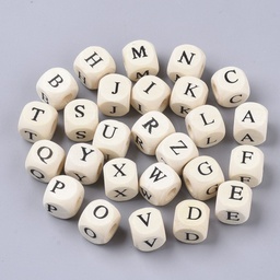 Lettre Perle en bois, cube 10x10x10mm, trou 3,5mm