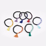 [JB03948] Bracelet élastique en Pierre de Lave naturelle noire et gemmes variées, avec pompon, perles 6mm, diam bracelet 5.5cm