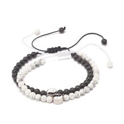 [BJEW-JB07645] Duo de bracelets en Pierre de lave ou Howlite blanche, avec symbole yin et yang, fermeture par tissage macramé