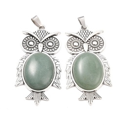 [G-P464-01AS] Pendentif en Aventurine verte et laiton argenté, chouette,  55.5x28x6.5mm, Trou: 8x3mm