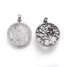 [G-I214-E06] Pendentif arbre de vie et hibou, laiton argenté et strass, 31x27x10~11mm, Trou: 5x7mm, sur cristal de quartz