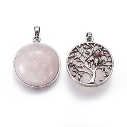 [G-I214-E05] Pendentif arbre de vie et hibou, laiton argenté et strass, 31x27x10~11mm, Trou: 5x7mm, sur quartz rose