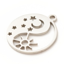 [STAS-G258-05P] Pendentif INOX argenté,  lune, étoile et soleil formant un Yin&amp;Yang, 17x14,5x1mm, trou 1,5mm