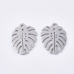 [STAS-T045-40P] Pendentif INOX argenté, feuille de monstera 17x13x1mm, trou 1,4mm