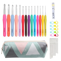 [SENE-PW0003-101F] Kit complet pour le crochet : 14 crochets en aluminium, marqueurs de maille, mètre ruban, aiguilles, sac de rangement bleu avec triangles