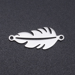 [STAS-N090-JN832-1] Estampe plume, couleur argent, INOX, 23x9x1mm, trou 1,4mm