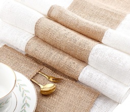 [DJEW-FG0001-02] Assortissement chemin de table x1 et ranges couverts x6, toile de jute fine bicolore