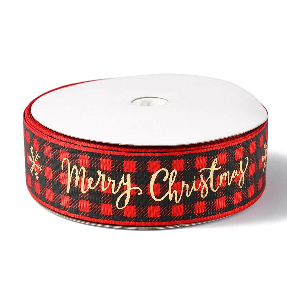 Ruban de tartan lin/polyester, "Merry Christmas", rouge , 25mm, au mètre