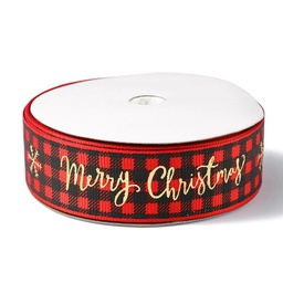 [ocor-yw0001-05d] Ruban de tartan lin/polyester, &quot;Merry Christmas&quot;, rouge , 25mm, au mètre