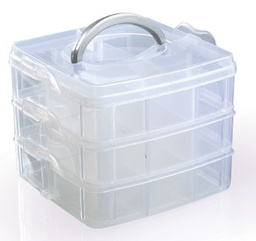 [169603] Boîte plastique de rangement empilable, 3 niveaux, 18 compartiments, 15x15x12.5cm