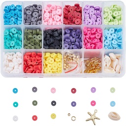[CLAY-JP0001-03-6mm] Kit perles Heishi polymère 6x1mm trou 2mm 15 couleurs env. 3000 pièces, accessoires et cauris