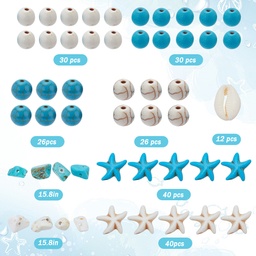 [DIY-SC0023-35] Kit perles howlite, turquoise et coquillages, env. 200 pièces, unité
