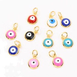 [ZIRC-J025-71G-A] Pendentif mauvais oeil, plaqué or 18K, rond et plat, couleurs variées, 11x8x3mm, anneau 5x0.8mm