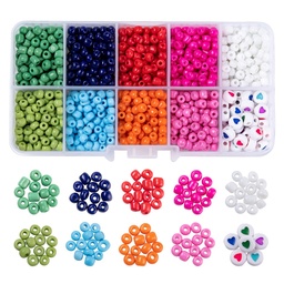 [DIY-YW0005-13] Kit perles de rocaille, 9 couleurs + perles coeur, 4mm, 945 pièces par boîte