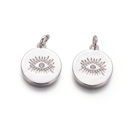[KK-I656-14P] Pendentif en laiton argenté, mauvais oeil, zircon et anneau, 15x13x1.5mm, unité
