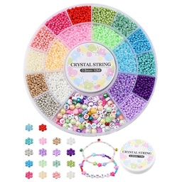 [DIY-YW0007-65] Kit complet de perles de rocaille, 2mm, 18 couleurs + perles lettres et plastique + fil élastique, env. 4500 pièces par boîte