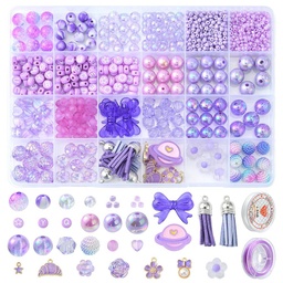 [DIY-FS0002-97] Kit perles plastiques diverses, roses et violettes + pendentifs + élastique