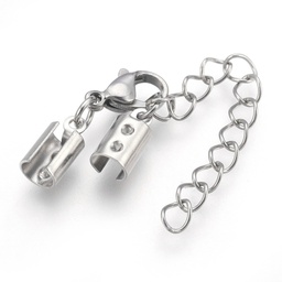 [STAS-P207-01P-D] Fermoir homard avec embouts de cordon, INOX argenté, 36mm de long, avec chaîne de sécurité 43mm, pour fil de 4mm, unité