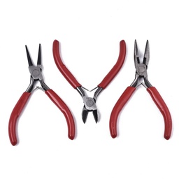 [TOOL-S012-03B] Pinces à bijoux lot de 3, rouge, (coupante, plate fine lisse et coupante, ronde) 18,5x16,5x1,3cm