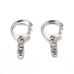 [E546-1-1] Anneau double porte clé en alliage de zinc, argenté, mousqueton, avec chaine fermée, 47x22mm, l'unité